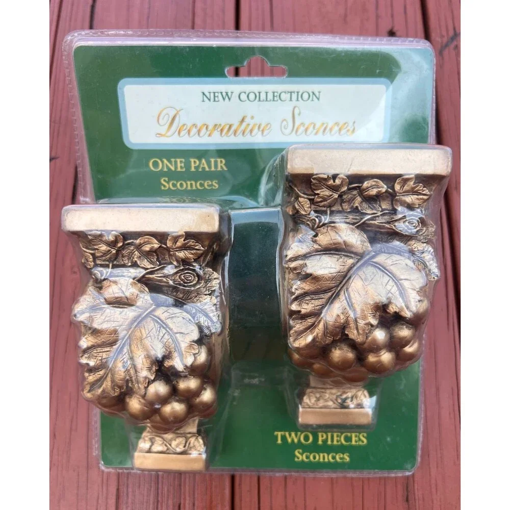 Pair Decorative Curtain Sconces Gold Tone Grape Leaf Design Wall Brackets NIB